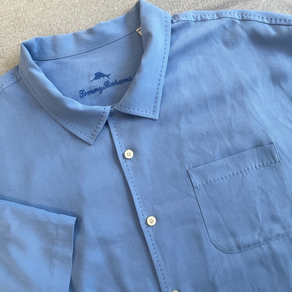 Tommy Bahama Hawaiian Silk Herringbone Camp Shirt Short Sleeve Mens 3XLB Blue